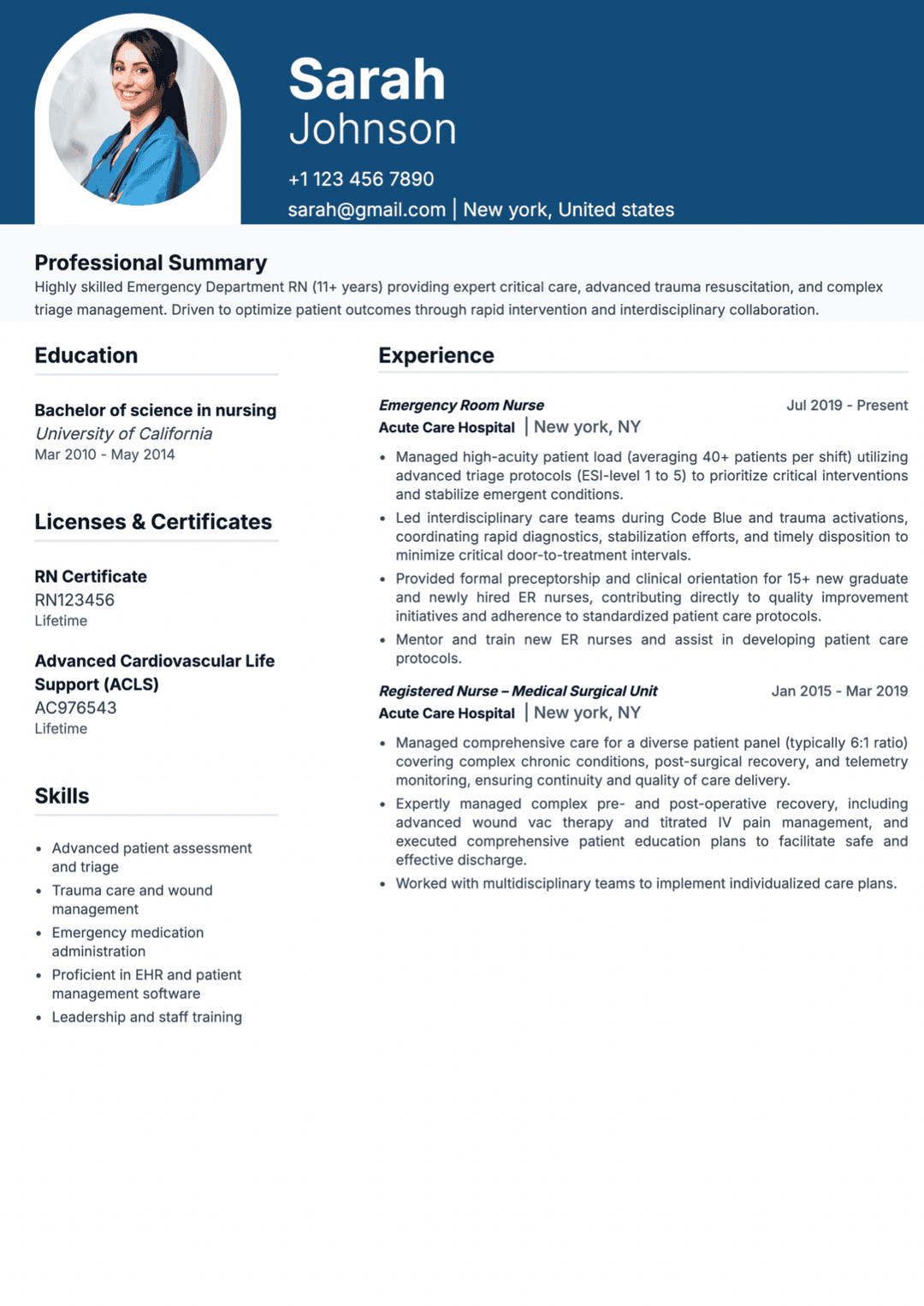 Experienced ER Nurse Resume Template