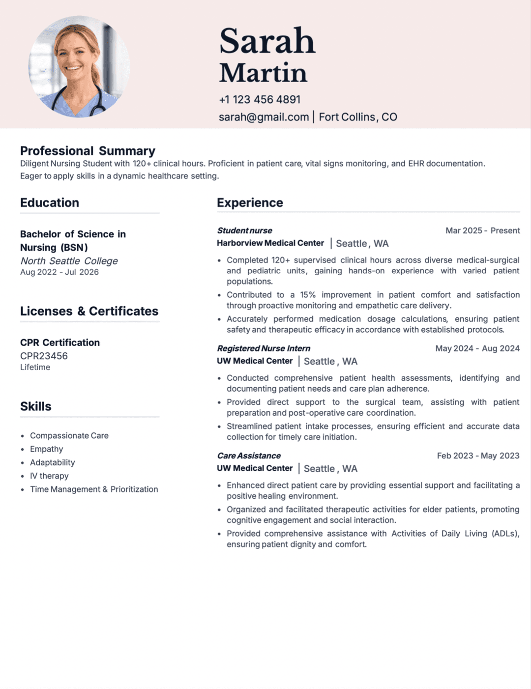 Nursing Student Resume Example
