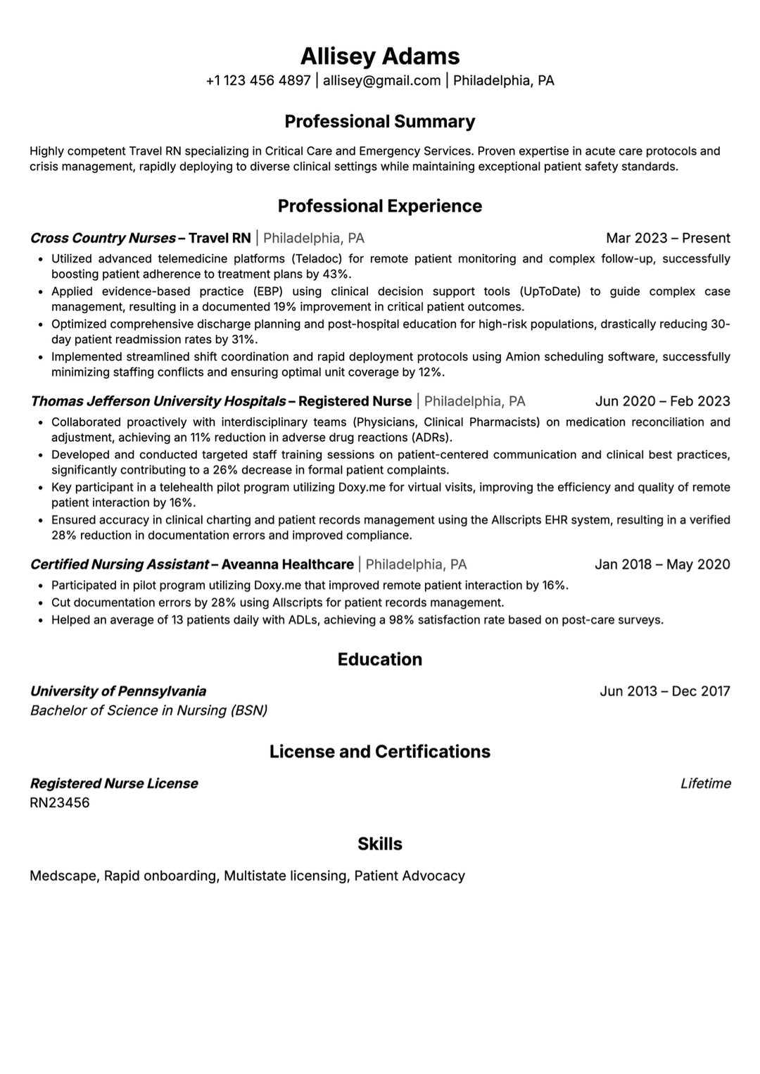 RN Traveling Nurse Resume Template