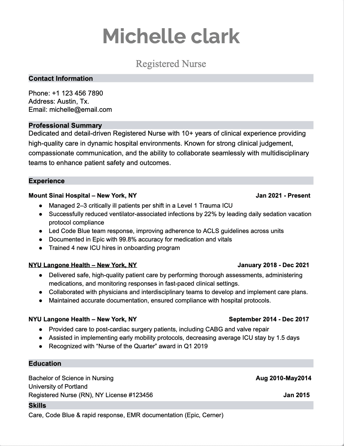 RN Resume Example 1 - Experienced RN