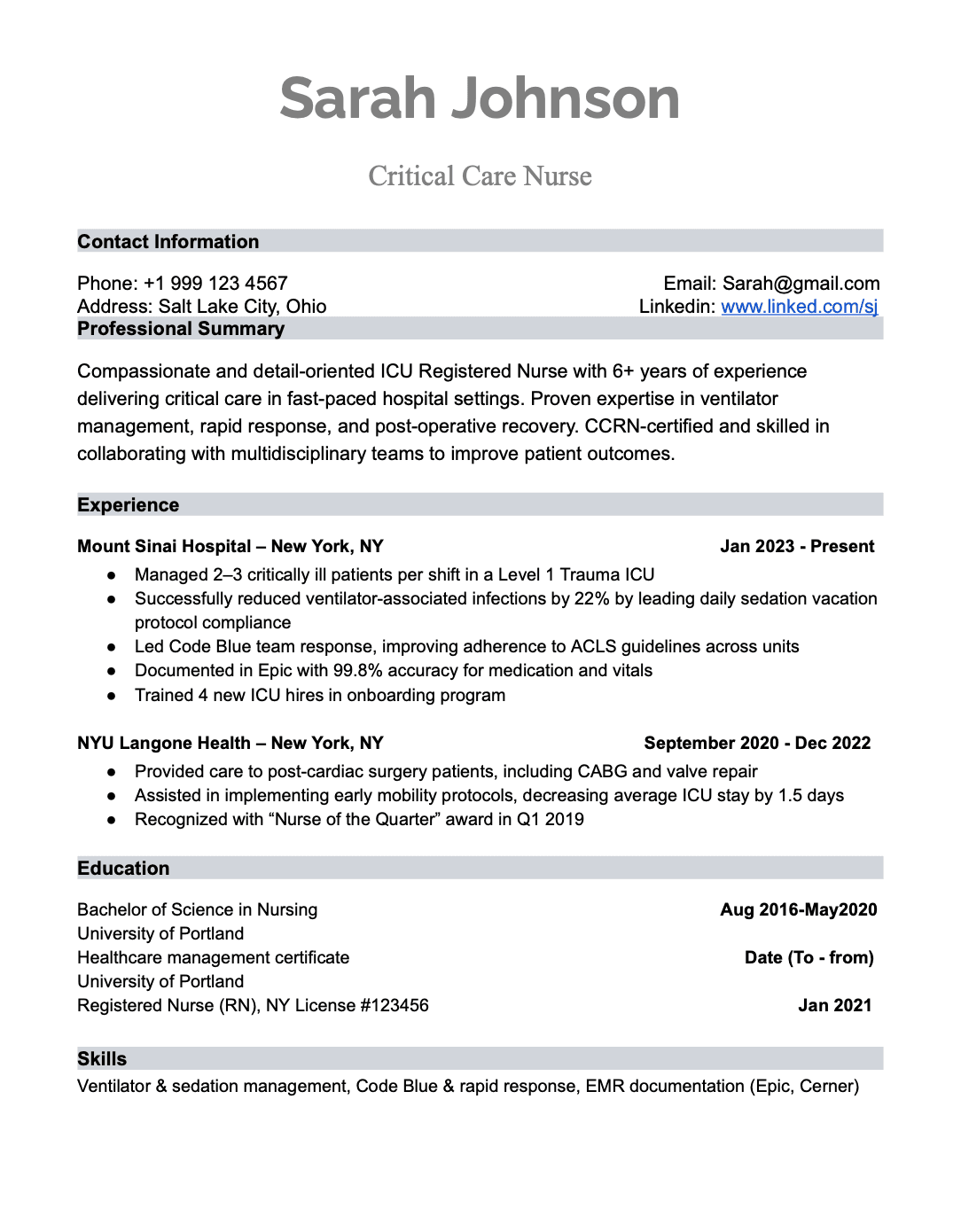 RN Resume Example 3 - Specialized RN