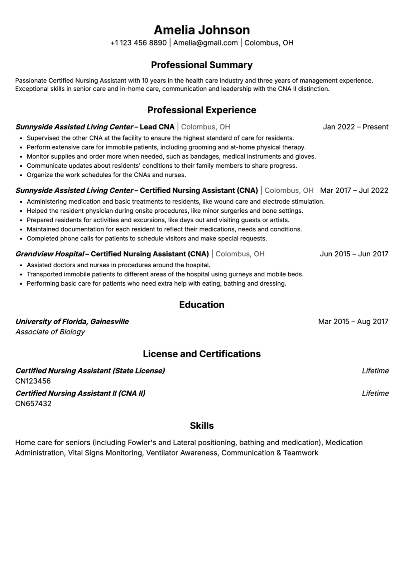CNA resume example for hospital jobs