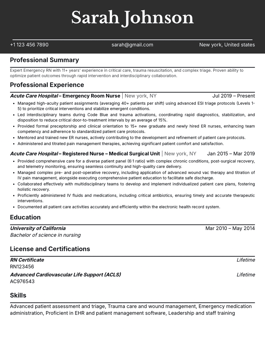 Emergency Room Nurse Resume Example