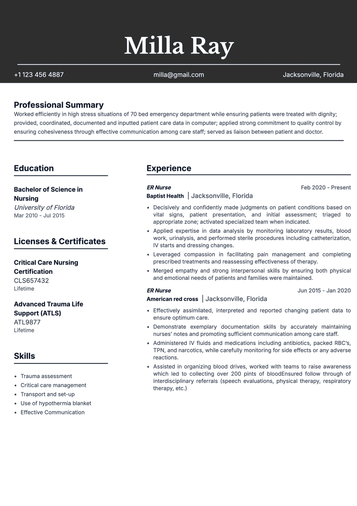 ER nurse resume example with 10+ years of experience