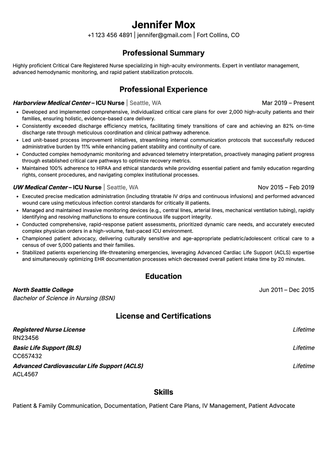 ICU nurse resume example