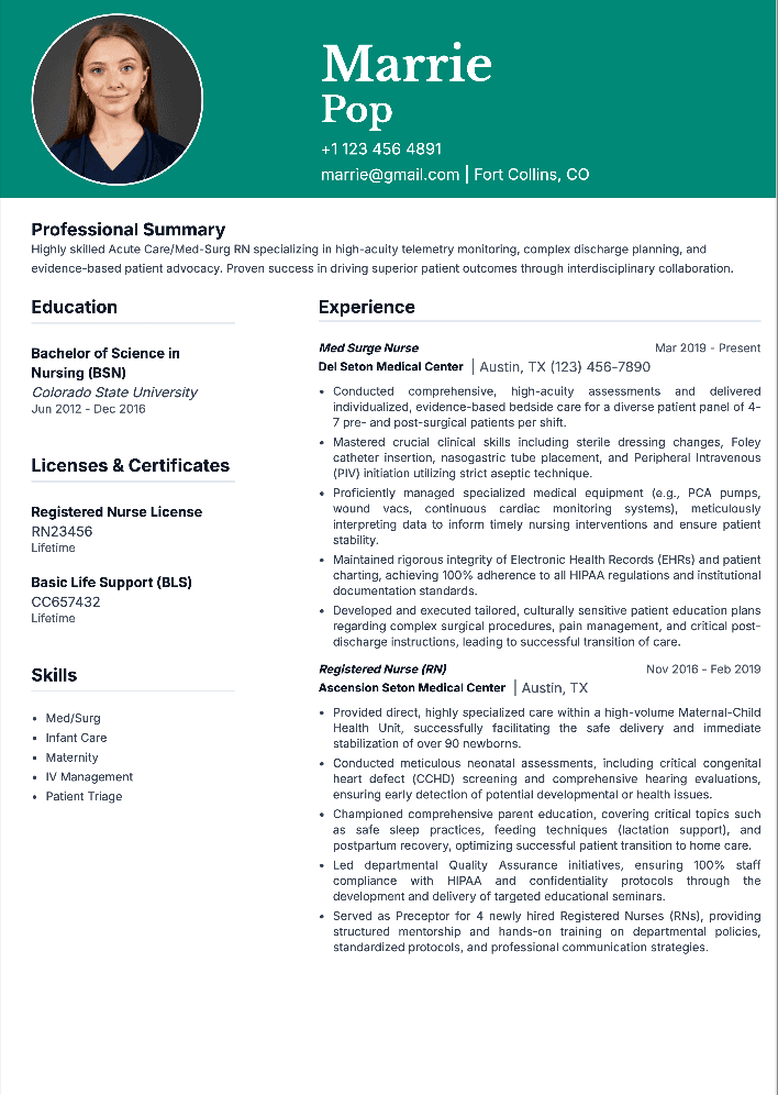 Registered nurse resume example with 5+ years of experience