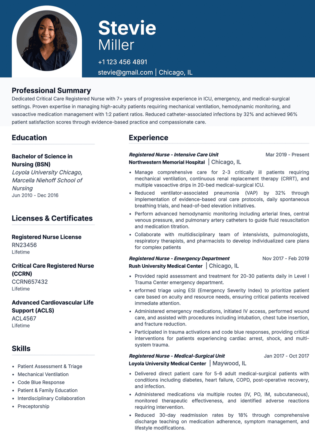 Experienced registered nurse resume example