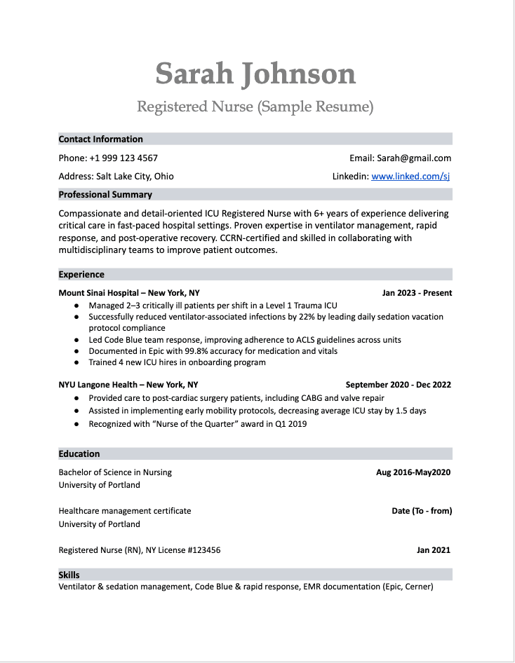 icu nurse resume example, cv icu nurse template