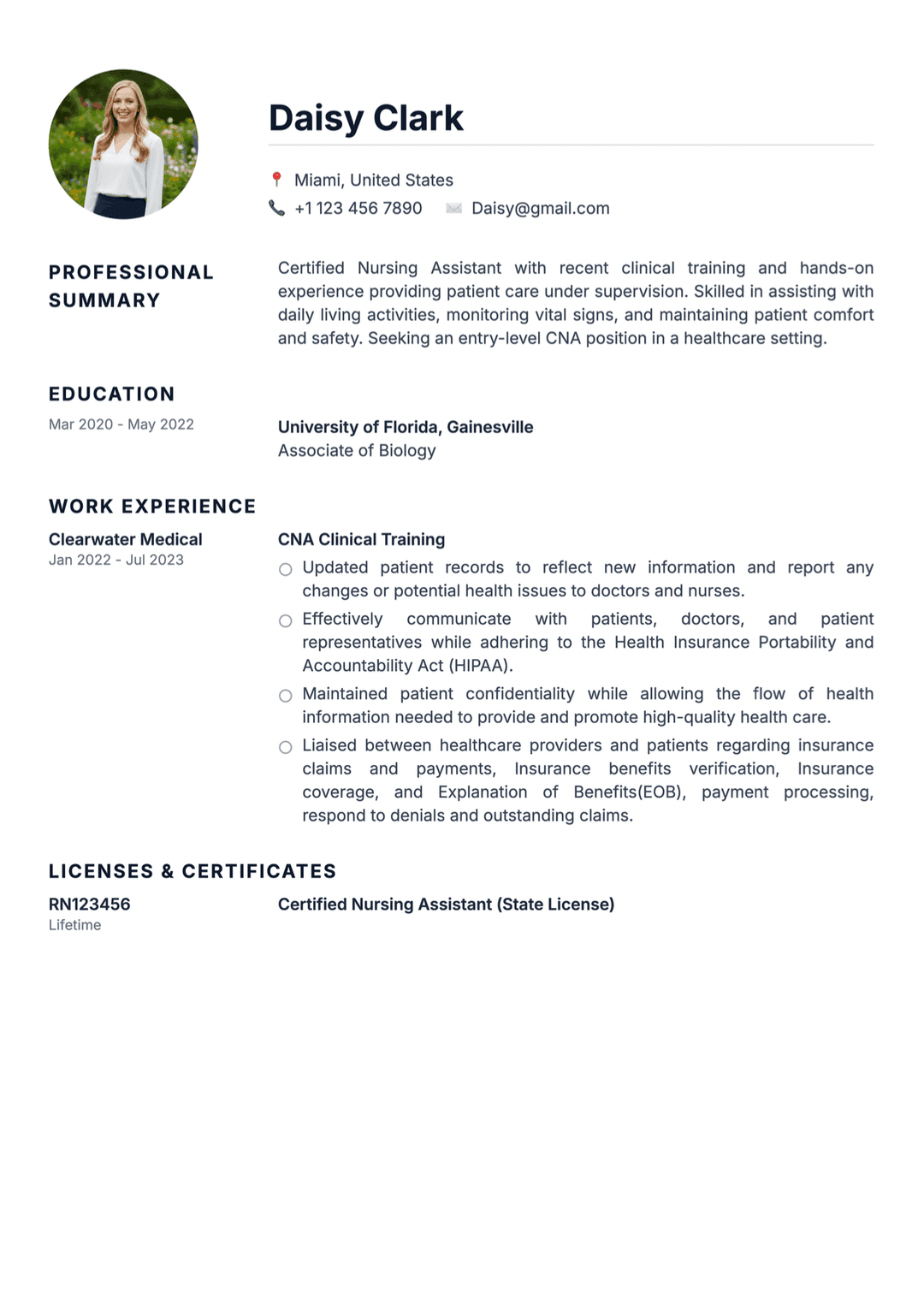 New graduate CNA resume example