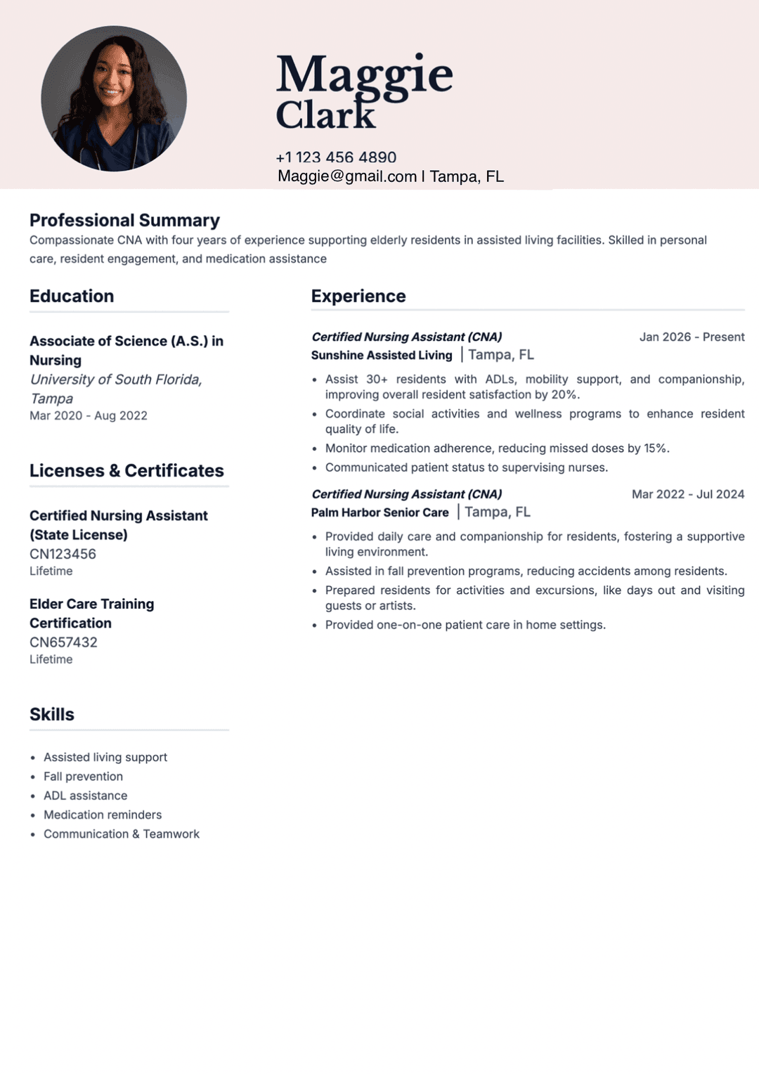 CNA resume example for nursing homes and home health aide roles