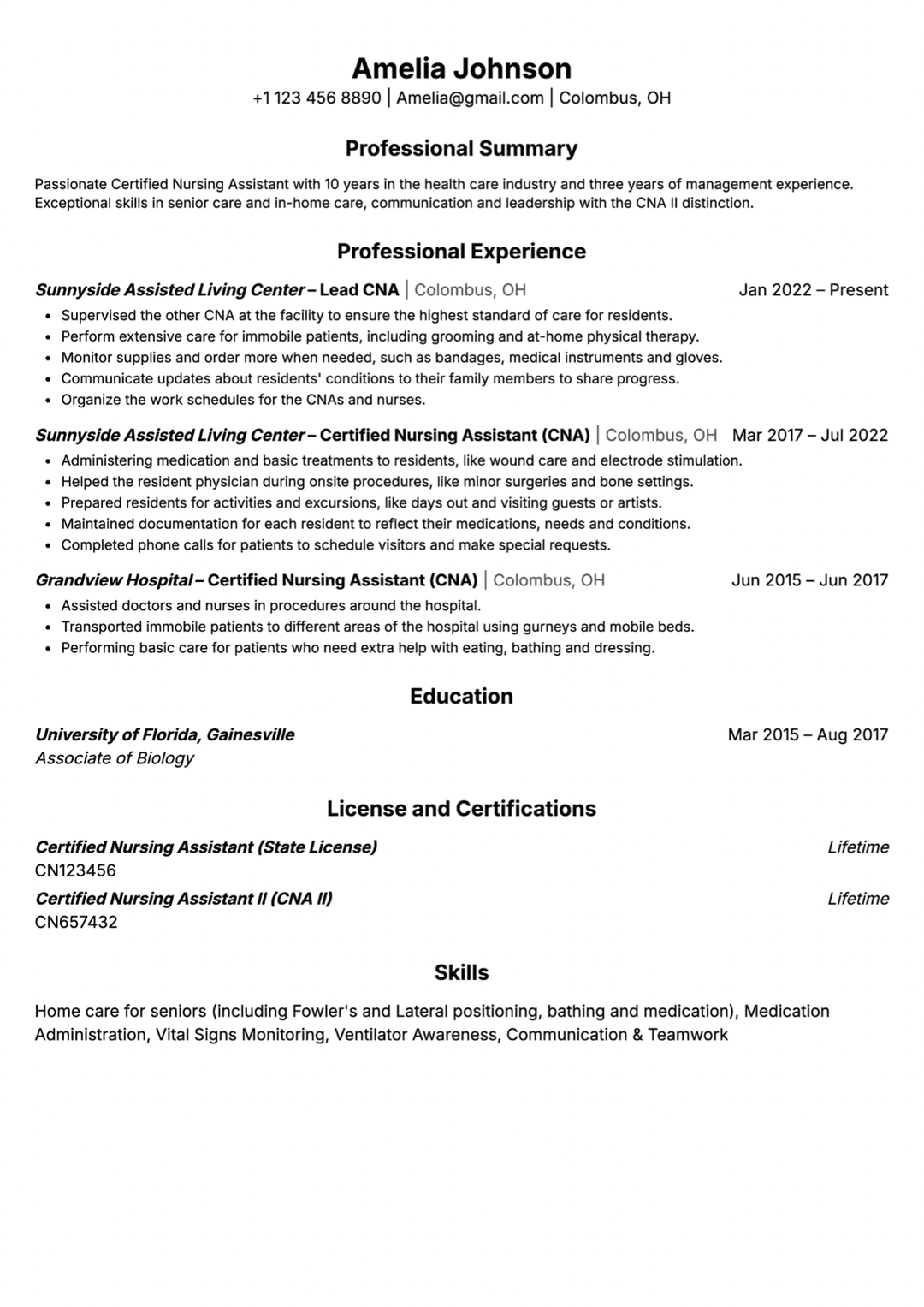 ATS-optimized CNA resume template for online job portal applications