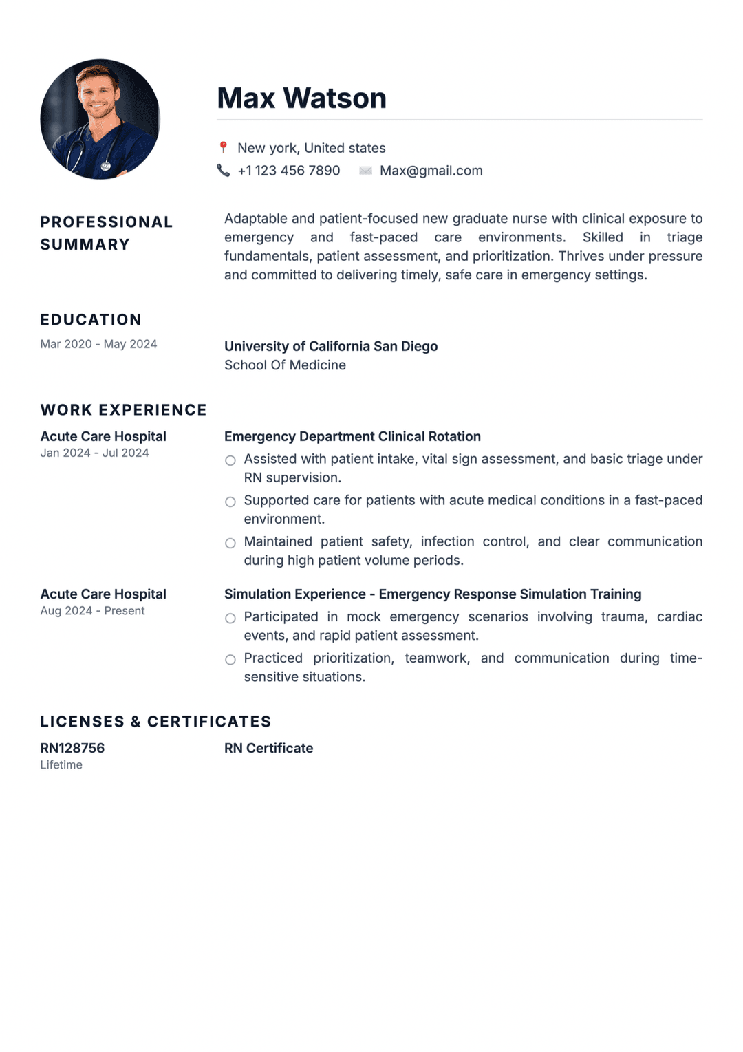 Emergency room new grad nurse resume example with ER clinical experience