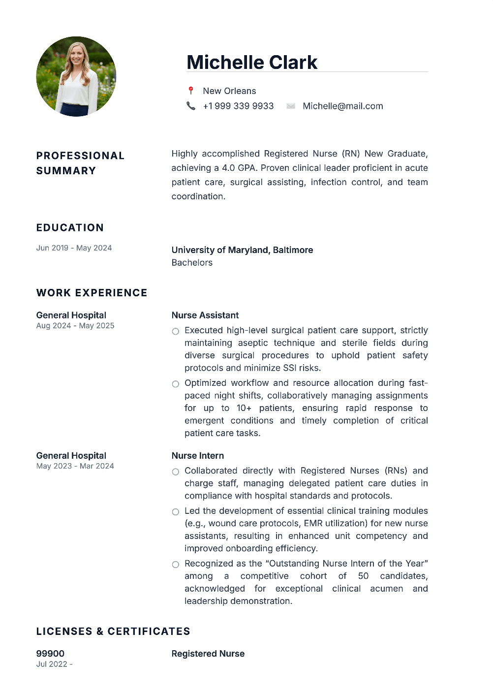 Minimal Nurse Resume Template - Clean layout perfect for new graduate nurses