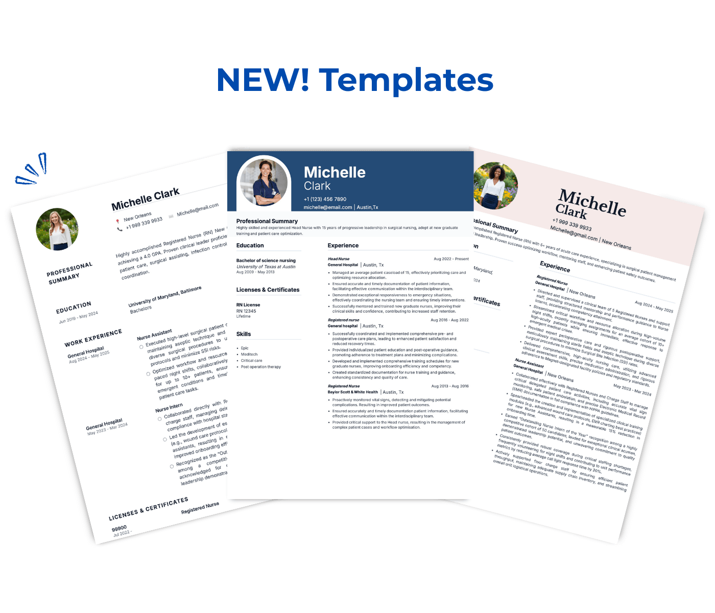 Professional nurse resume builder interface showing ATS-optimized templates for registered nurses, ICU nurses, CNA, and new graduates with AI-powered content generation