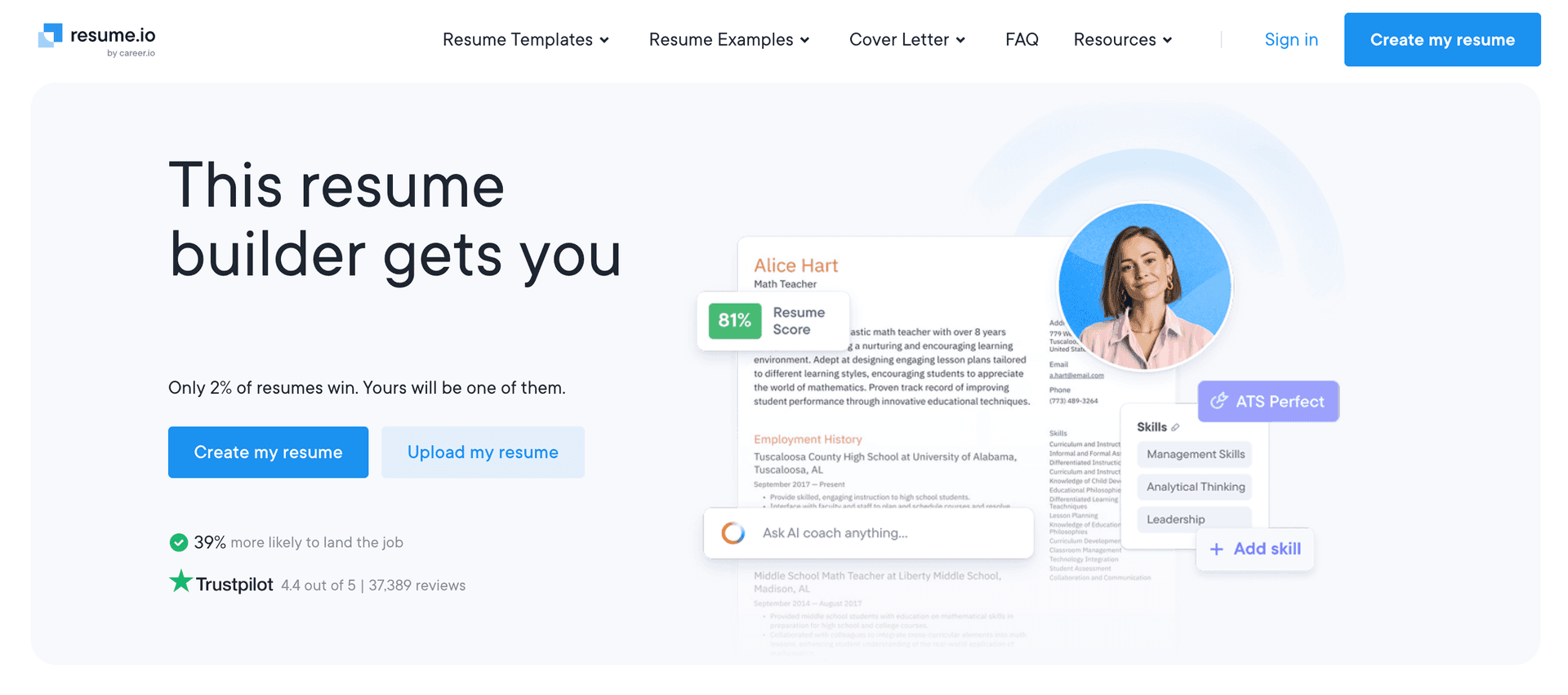 Resume.io builder screenshot
