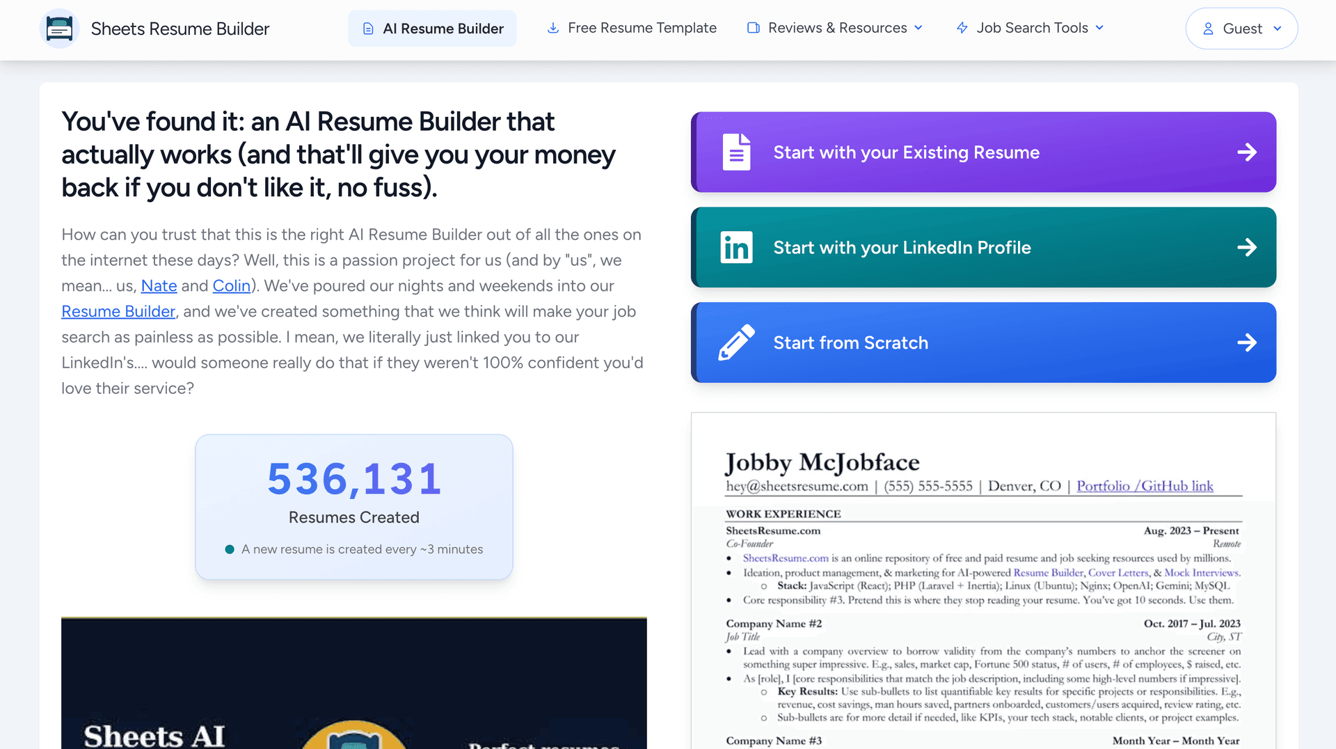 Sheets Resume builder screenshot