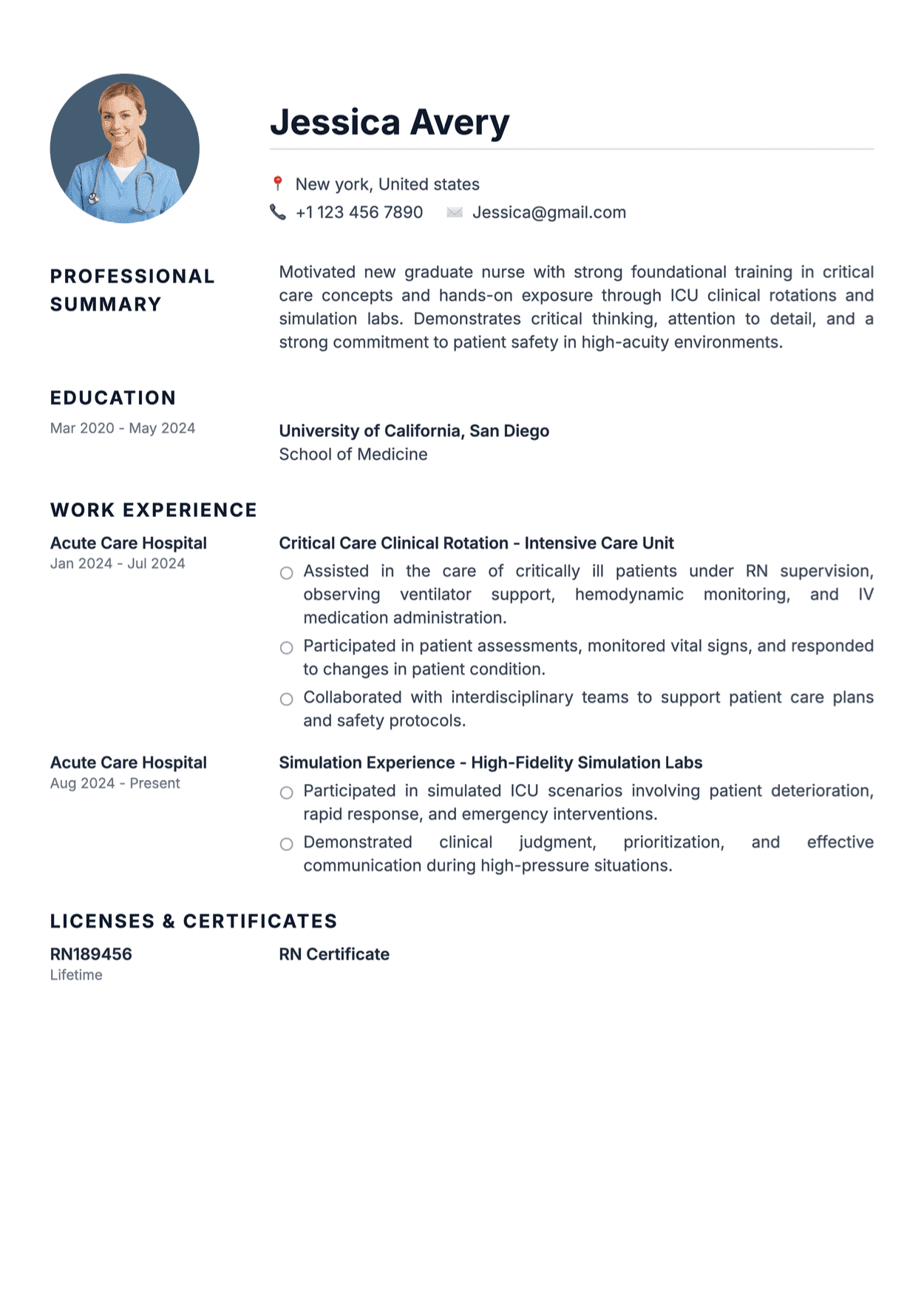 ICU specialized new graduate nurse resume example with clinical rotation highlights