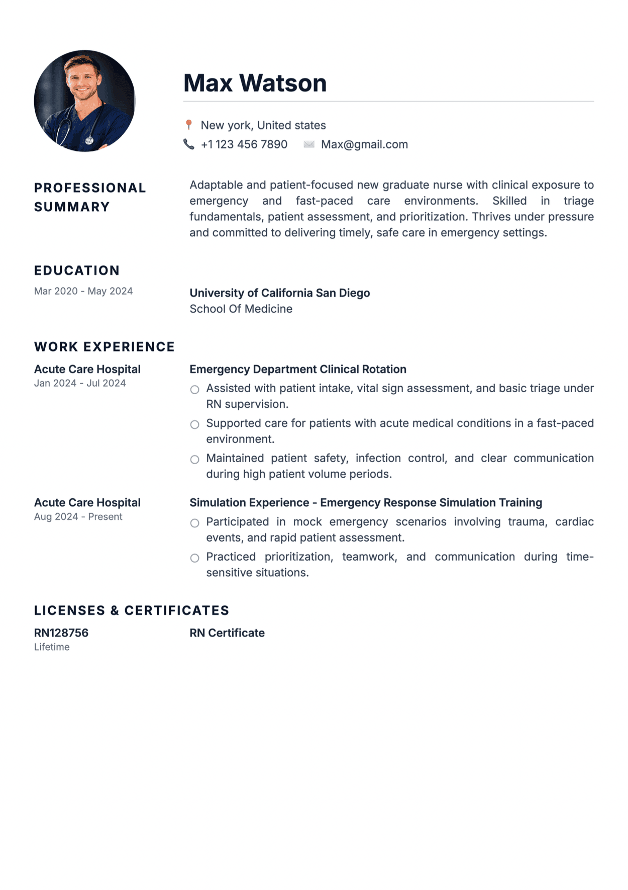 ER new grad nurse resume example with ER clinical experience