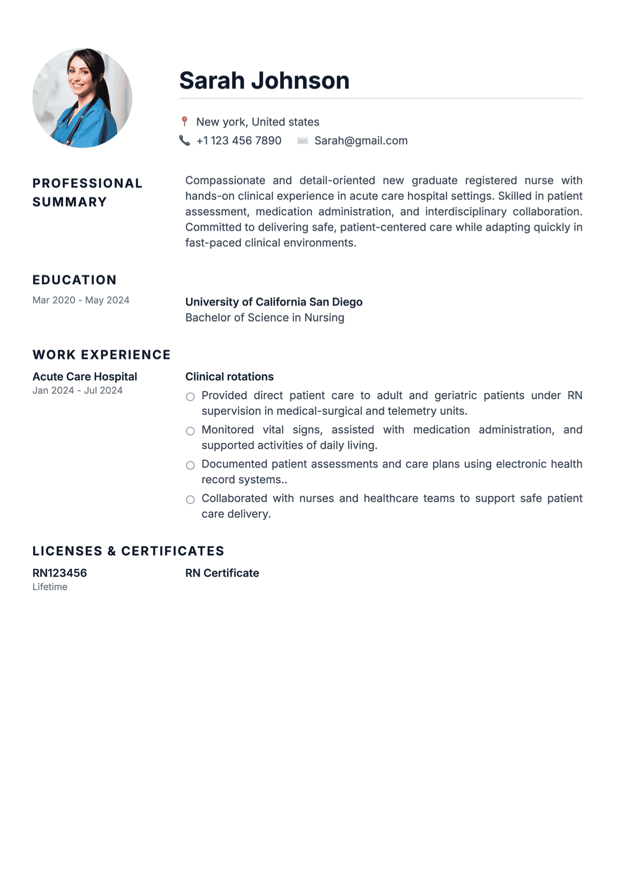 New graduate nurse resume example