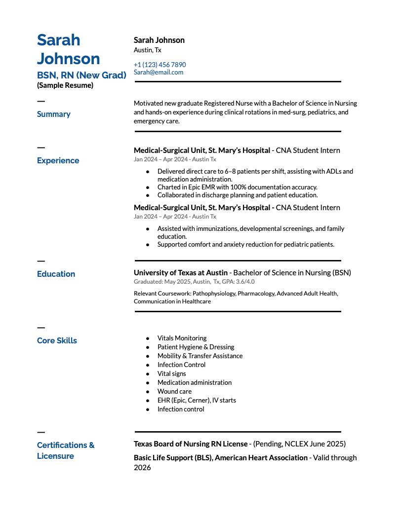 New Graduate Nurse Resume Example - Professional nursing resume template with ATS-friendly format showing education, clinical rotations, and certifications