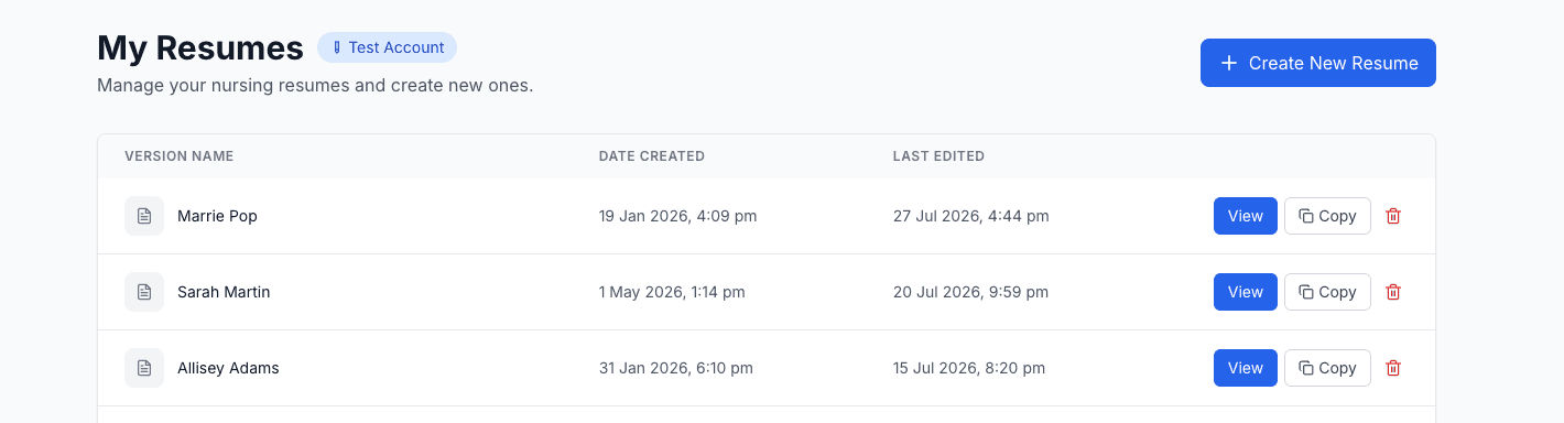 My Resumes dashboard listing resume versions with view, copy, and delete actions