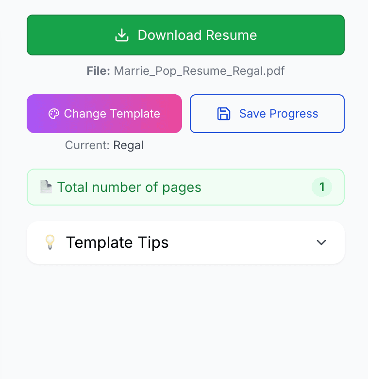 Resume download panel showing total number of pages next to template and save controls
