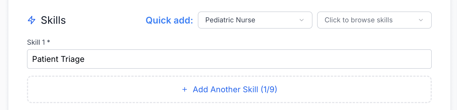Skills section with specialty dropdowns and quick-add nursing skills