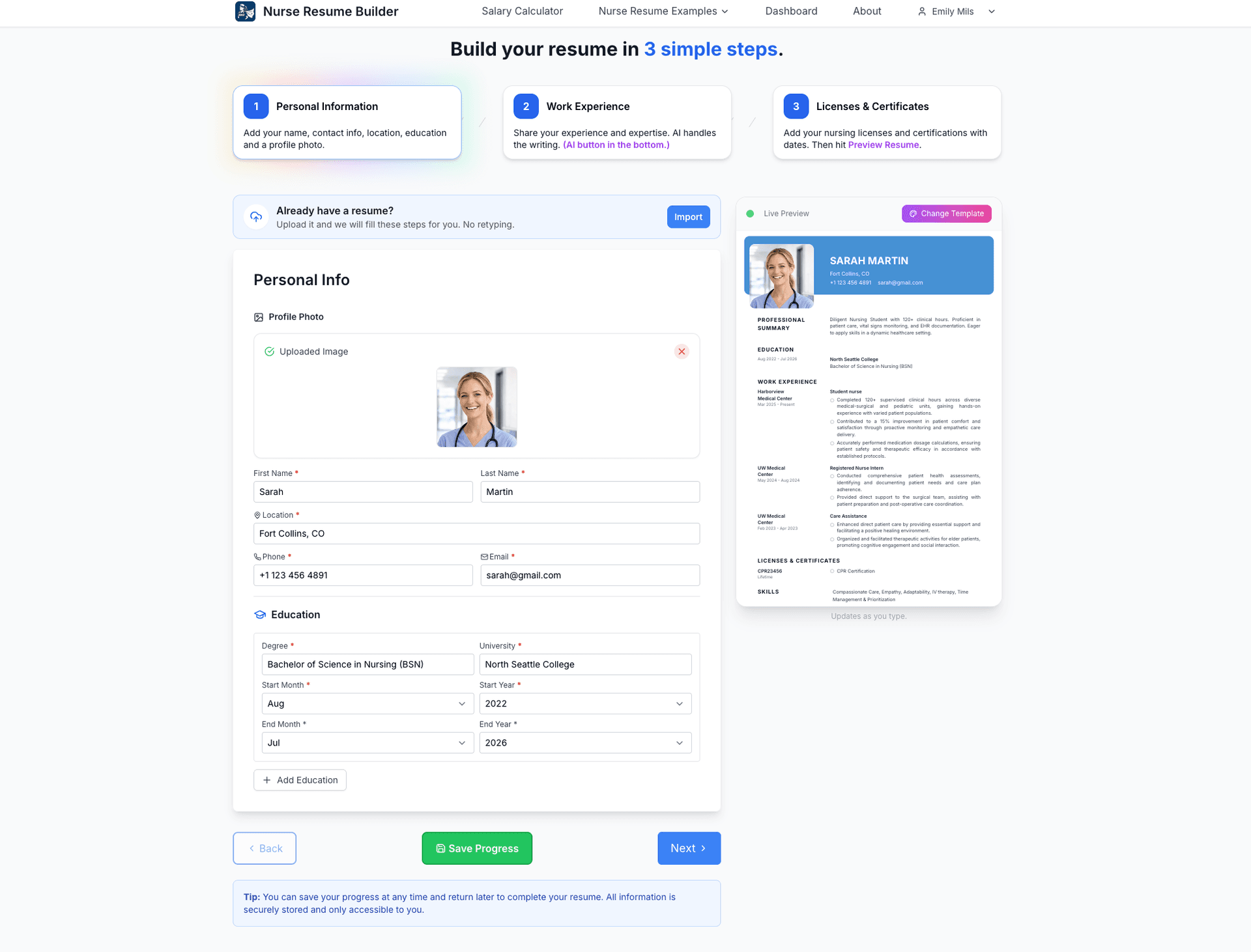 Split-view resume builder with personal information form on the left and live preview on the right