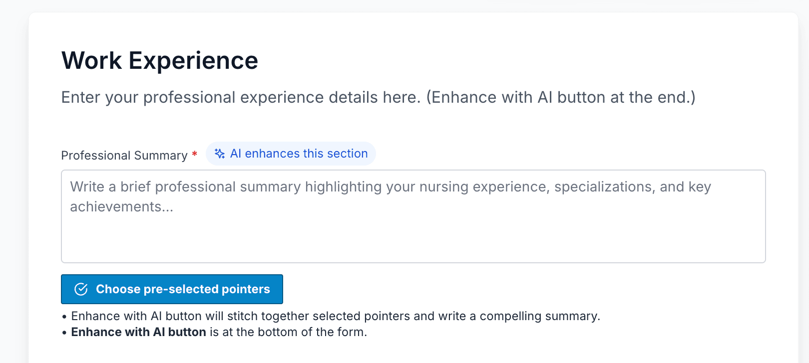 Professional summary field with a Choose pre-selected pointers button and AI enhancement
